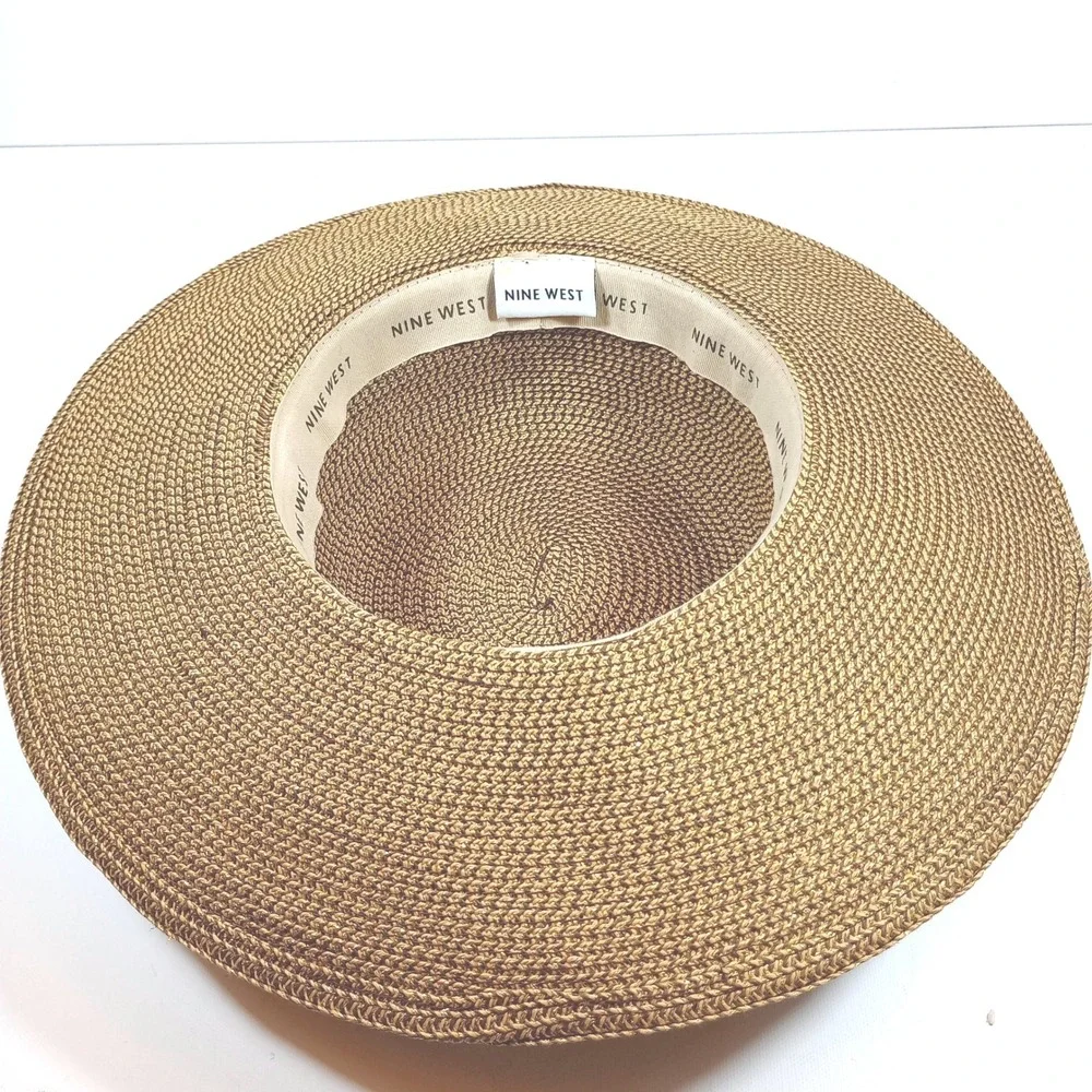 Nine West Wide Brim Sun Hat Bronze Gold Metallic Woven Straw Floppy Summer